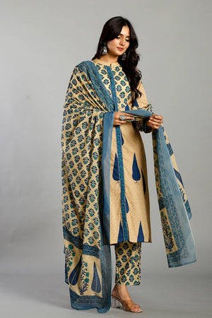 Multi Color Floral Printed Cotton Straight Cut Suit Set