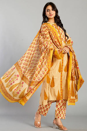 Mustard Ethnic motifs Cotton Straight Cut Suit Set (6734SKDMS)