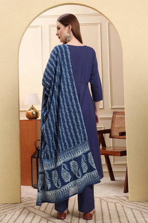 Blue Solid Cotton Straight Cut Suit Set