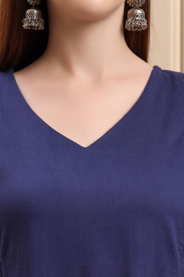 Blue Solid Cotton Straight Cut Suit Set