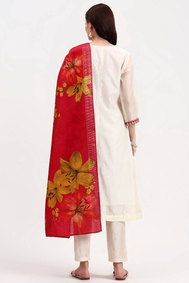 Cream Embroidered Chanderi Straight Cut Suit Set