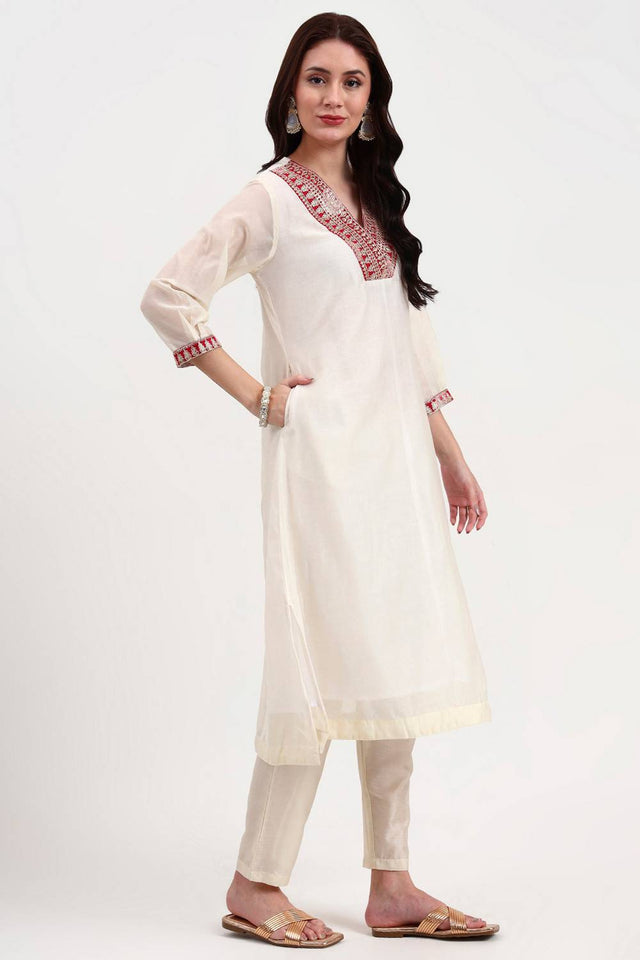 Cream Embroidered Chanderi Straight Cut Suit Set