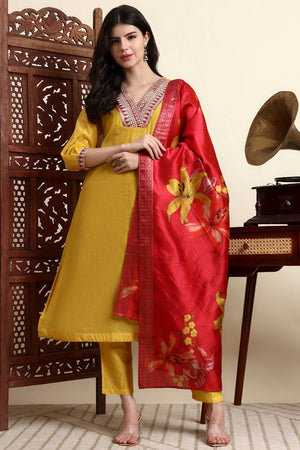Yellow Embroidered Chanderi Straight Cut Suit Set