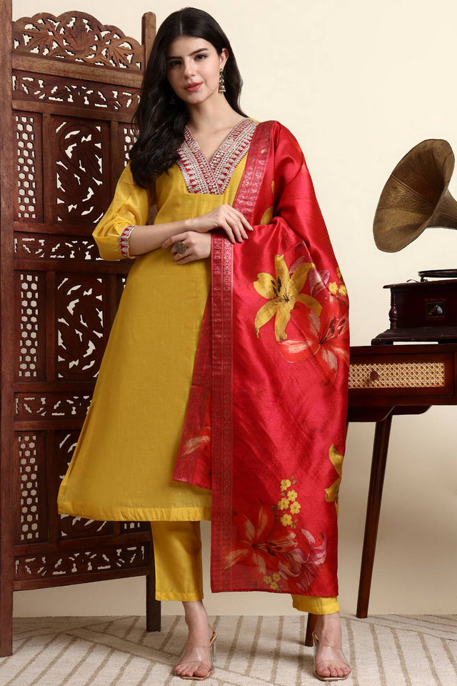Yellow Embroidered Chanderi Straight Cut Suit Set
