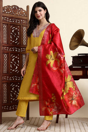Yellow Embroidered Chanderi Straight Cut Suit Set