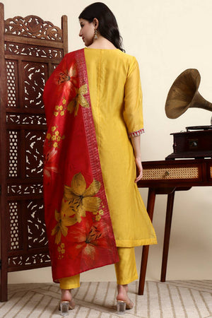 Yellow Embroidered Chanderi Straight Cut Suit Set