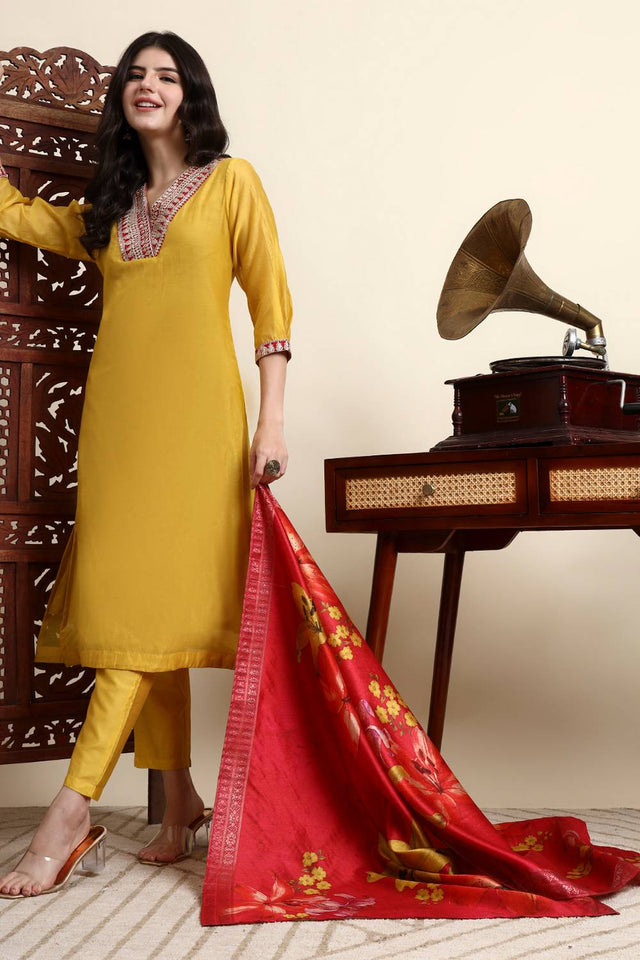 Yellow Embroidered Chanderi Straight Cut Suit Set