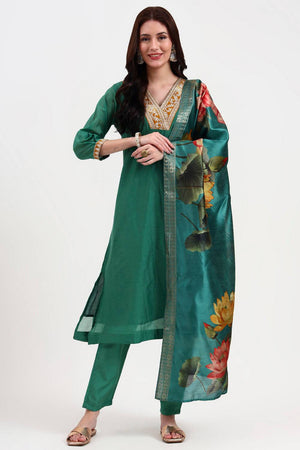 Green Embroidered Chanderi Straight Cut Suit Set