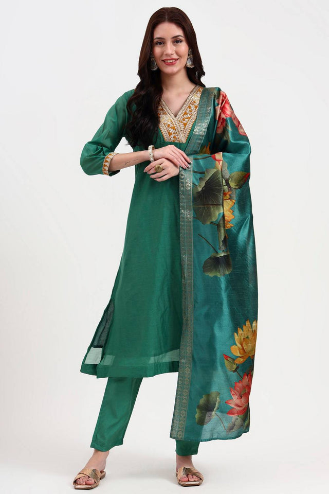Green Embroidered Chanderi Straight Cut Suit Set