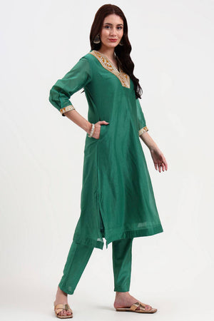 Green Embroidered Chanderi Straight Cut Suit Set