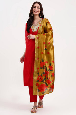 Red Embroidered Chanderi Straight Cut Suit Set