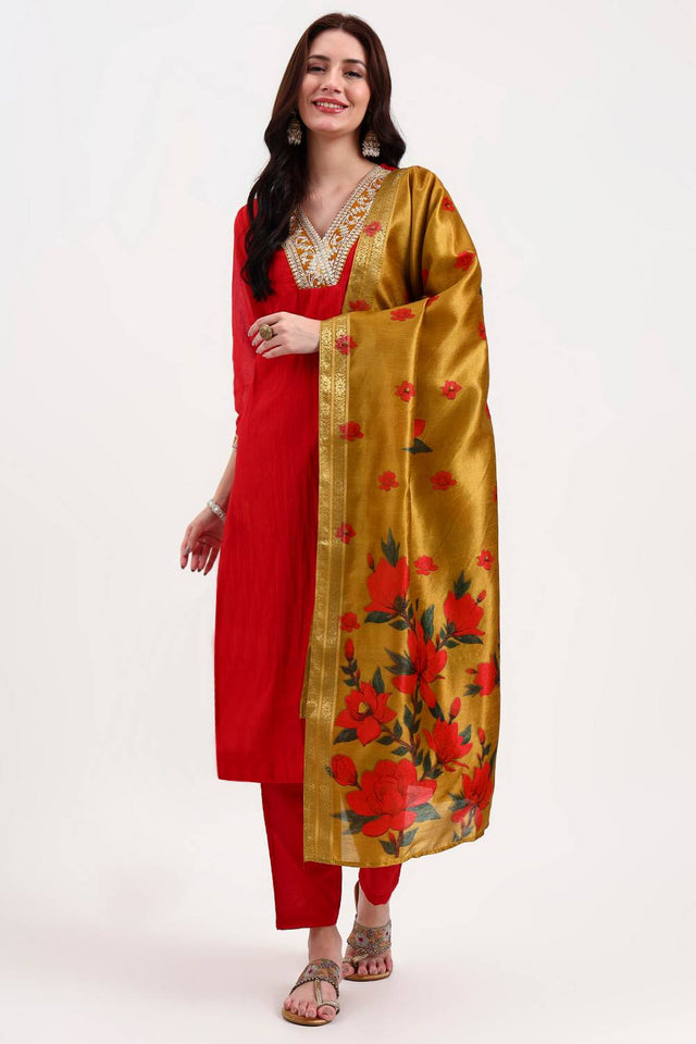 Red Embroidered Chanderi Straight Cut Suit Set