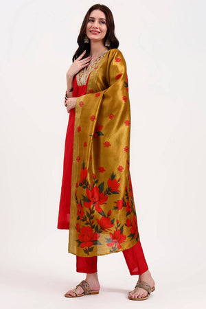 Red Embroidered Chanderi Straight Cut Suit Set