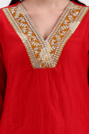 Red Embroidered Chanderi Straight Cut Suit Set