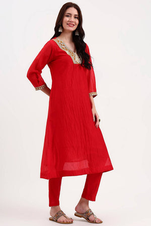 Red Embroidered Chanderi Straight Cut Suit Set