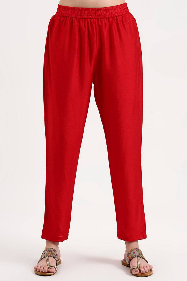 Red Embroidered Chanderi Straight Cut Suit Set