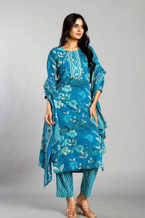 Turquoise Floral Printed Cotton Straight Cut Suit Set