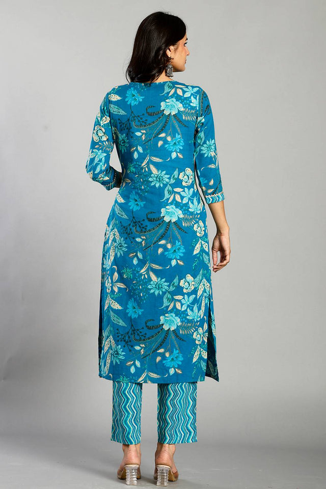 Turquoise Floral Printed Cotton Straight Cut Suit Set