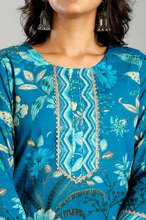 Turquoise Floral Printed Cotton Straight Cut Suit Set