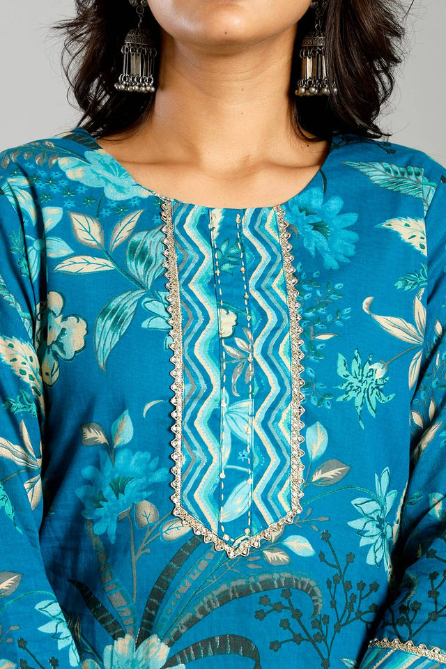 Turquoise Floral Printed Cotton Straight Cut Suit Set