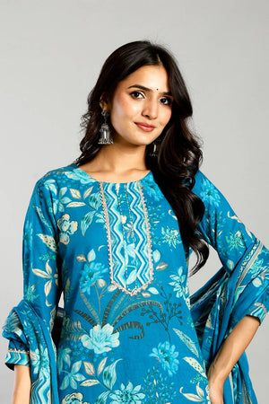 Turquoise Floral Printed Cotton Straight Cut Suit Set