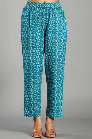 Turquoise Floral Printed Cotton Straight Cut Suit Set