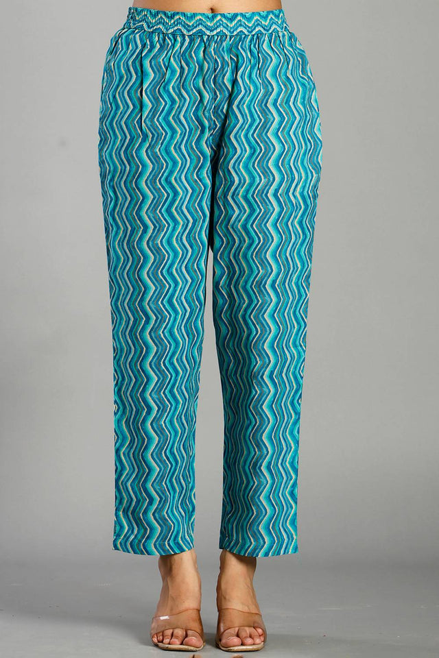 Turquoise Floral Printed Cotton Straight Cut Suit Set