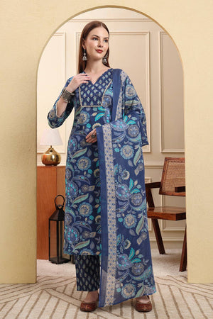 Blue Floral Printed Cotton Straight Cut Suit Set