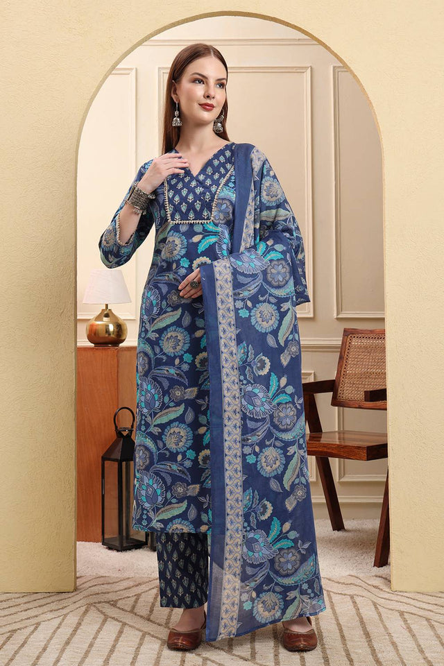 Blue Floral Printed Cotton Straight Cut Suit Set