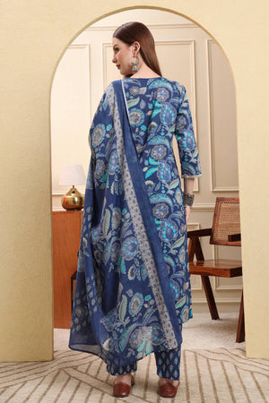 Blue Floral Printed Cotton Straight Cut Suit Set