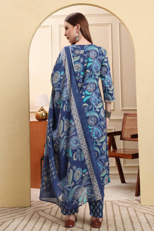 Blue Floral Printed Cotton Straight Cut Suit Set