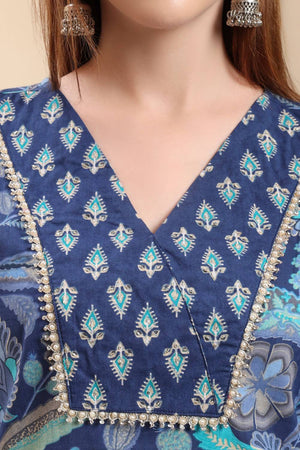 Blue Floral Printed Cotton Straight Cut Suit Set