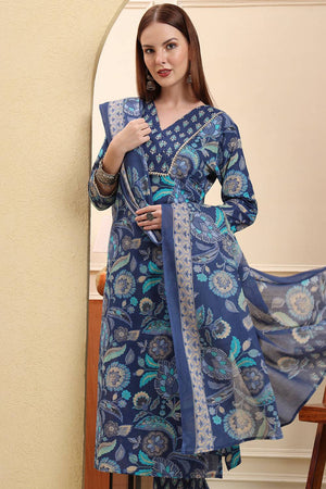 Blue Floral Printed Cotton Straight Cut Suit Set
