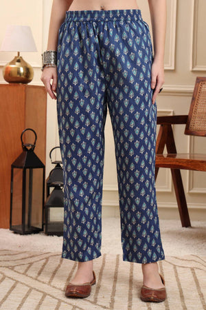 Blue Floral Printed Cotton Straight Cut Suit Set