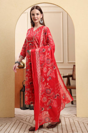Red Floral Printed Cotton Straight Cut Suit Set