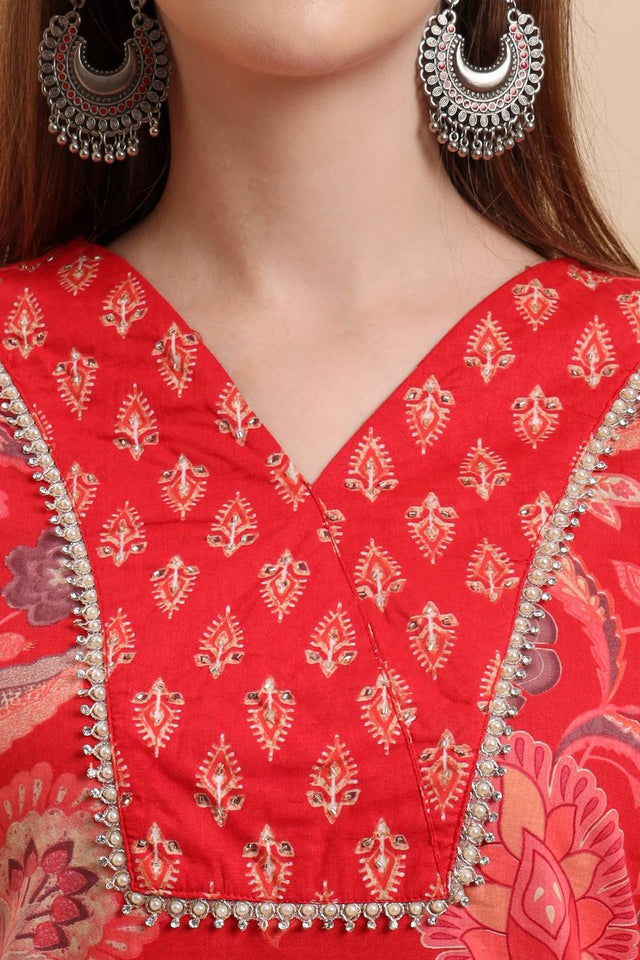 Red Floral Printed Cotton Straight Cut Suit Set