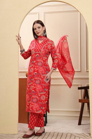 Red Floral Printed Cotton Straight Cut Suit Set