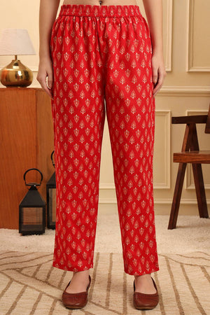 Red Floral Printed Cotton Straight Cut Suit Set