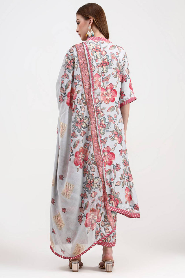 Multi Color Floral Printed Silk Straight Cut Suit Set