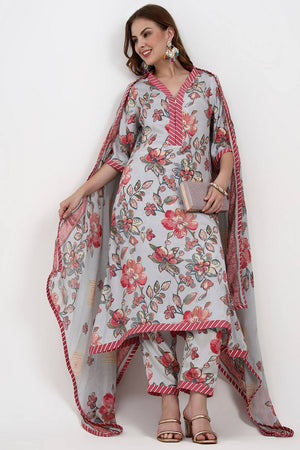 Multi Color Floral Printed Silk Straight Cut Suit Set