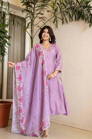 Lavender Solid Chanderi Straight Cut Suit Set
