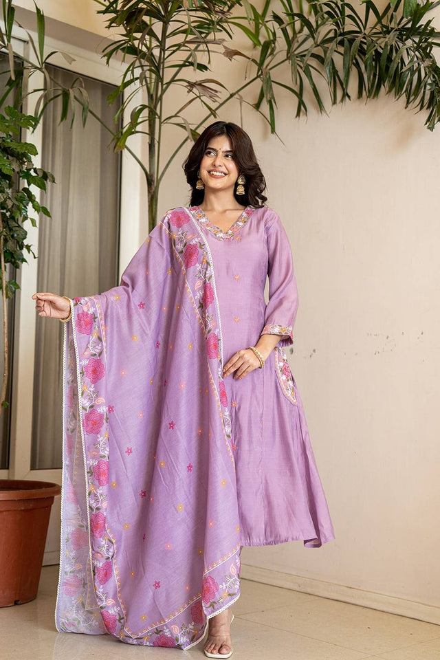 Lavender Solid Chanderi Straight Cut Suit Set