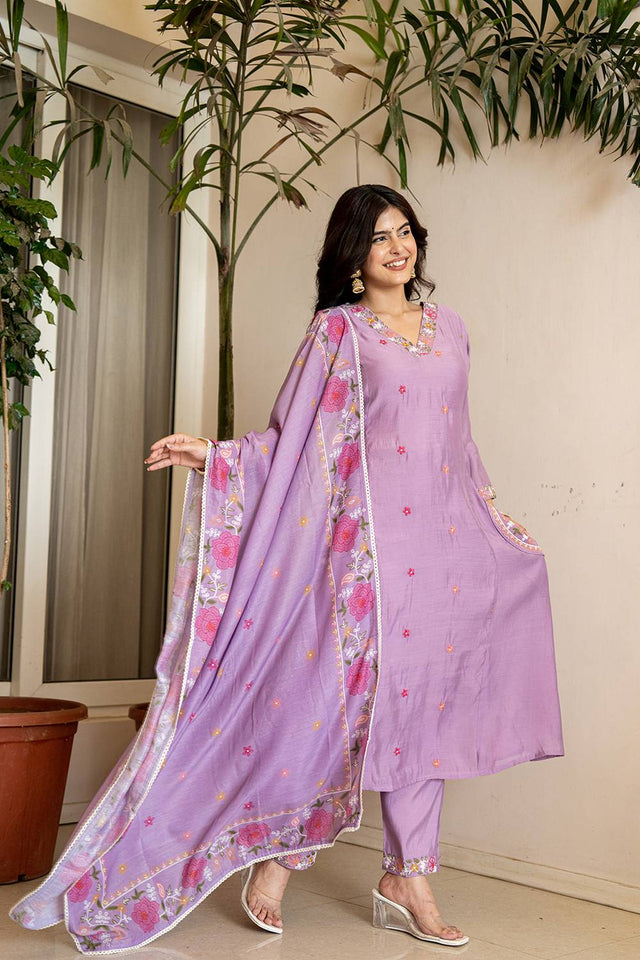 Lavender Solid Chanderi Straight Cut Suit Set