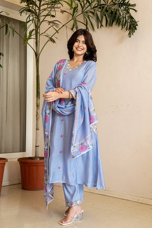 Blue Solid Chanderi Straight Cut Suit Set