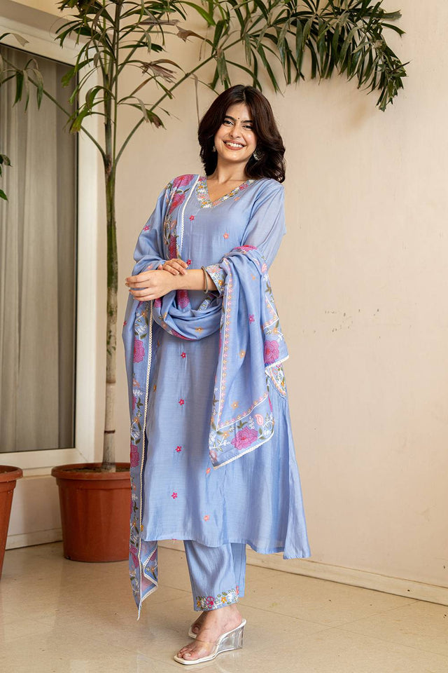 Blue Solid Chanderi Straight Cut Suit Set