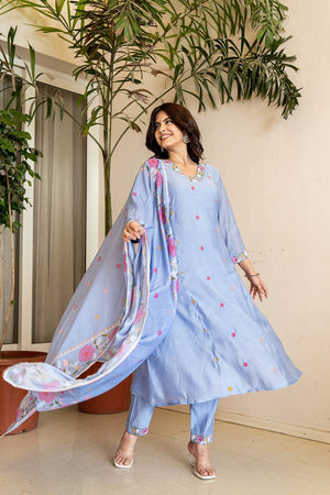 Blue Solid Chanderi Straight Cut Suit Set