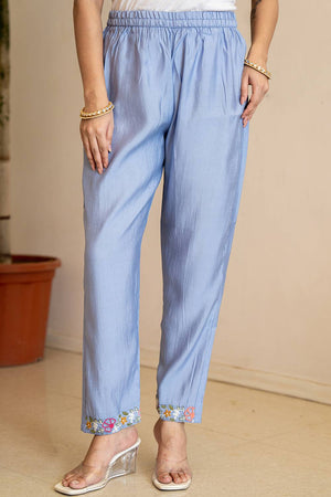 Blue Solid Chanderi Straight Cut Suit Set