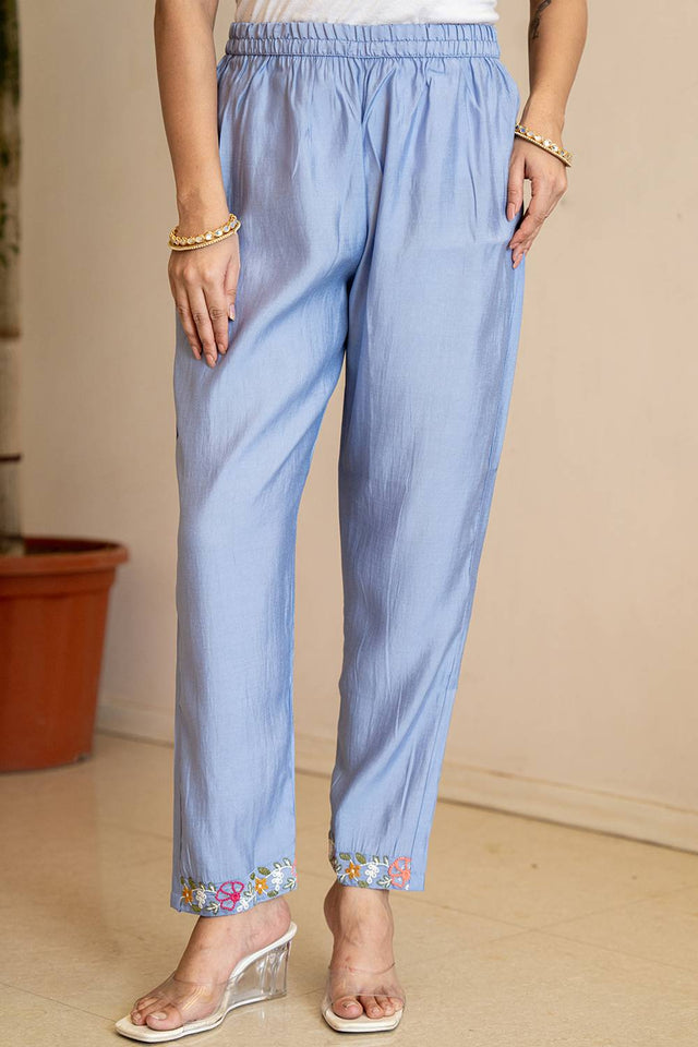 Blue Solid Chanderi Straight Cut Suit Set