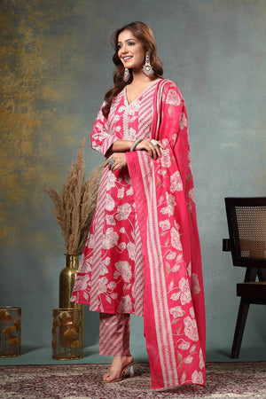 Pink Floral Printed Cotton Anarkali Suit Set