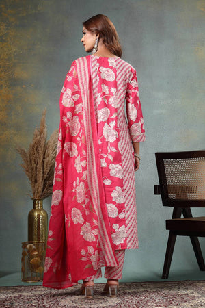 Pink Floral Printed Cotton Anarkali Suit Set